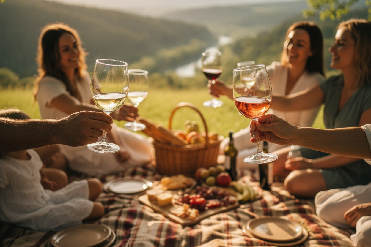 Etwas näher heranzoomen, so dass man keine Gesichter sieht. Tolle Landschaft im Hintergrund. Keine Weinflaschen, nur Weingläser mit Weiswein und Rosé Wein darin